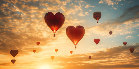 Naklejka premium Heart-Shaped Hot Air Balloons Floating in a Dreamy Sky