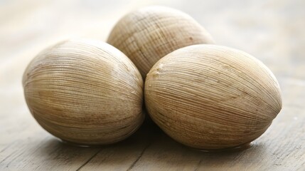 Closeup of Three Textured Beige Round Shells on Wood
