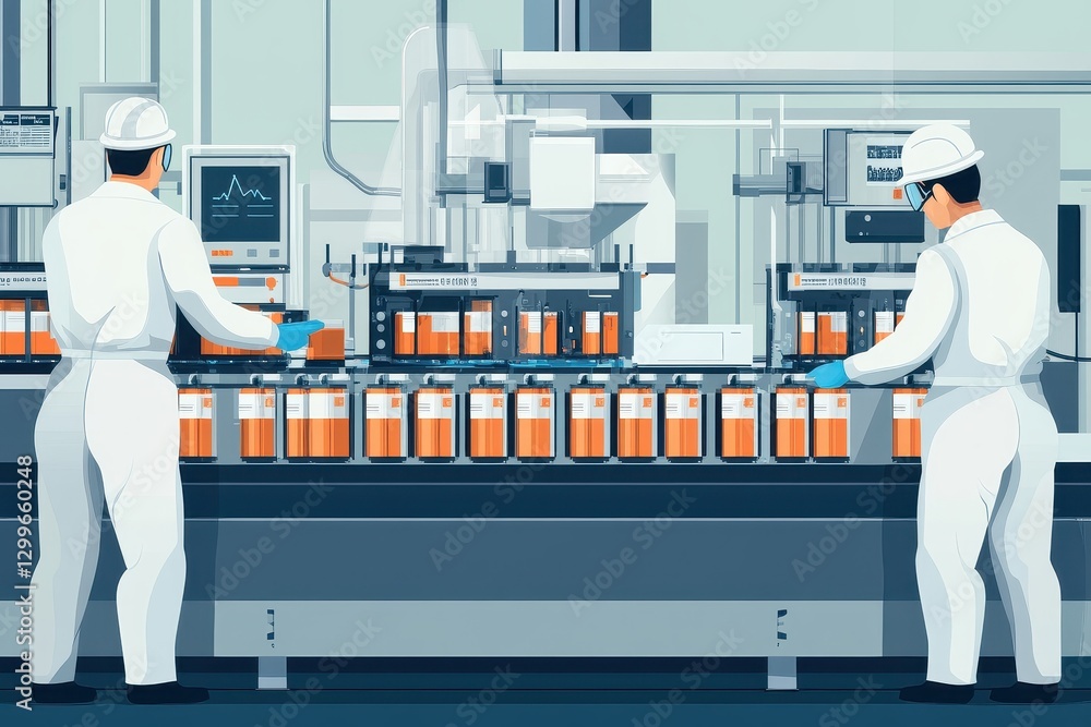 Poster automated production line in beverage factory with workers in white uniforms