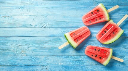 Four watermelon popsicles arranged on blue painted wooden surface