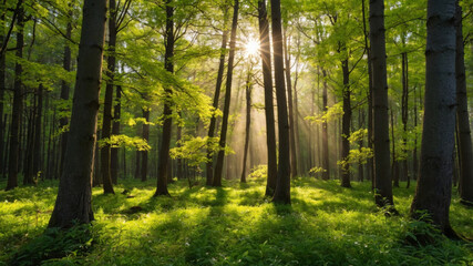 Obraz premium Sunlight streams through a dense forest canopy, illuminating the lush green forest floor creating dappled shadows.
