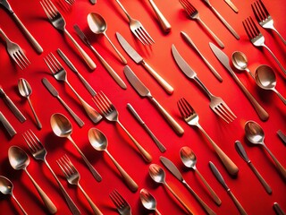 Red Background Flat Lay: Forks, Knives, Spoons - Minimalist Cutlery Photography
