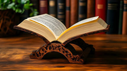 Obraz premium Open book on wooden stand, library background