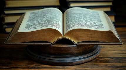 Obraz premium Open book on wooden stand, surrounded by books