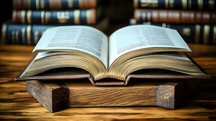 Obraz premium Open Book on Wooden Table, Law Books Background