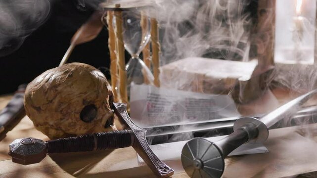 smoke filled medieval scene on a desk