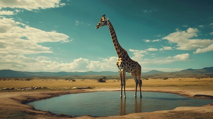A tall giraffe standing by a tranquil watering hole in a vast, open savanna landscape beneath a bright blue sky with scattered clouds
