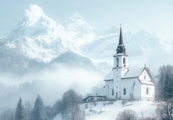 Snowy Mountain Village Church Scene