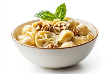 Creamy pasta delight featuring walnuts basil and parmesan in a white bowl on a clean background delicious italian cuisine food photography