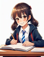  アジア人の女子高校生が机で教科書を開いて勉強をするイラスト。白背景。AIで生成