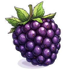 A cartoon-style illustration of an ultra-realistic blackberry, rendered in the cute and vibrant style reminiscent of Japanese anime. 