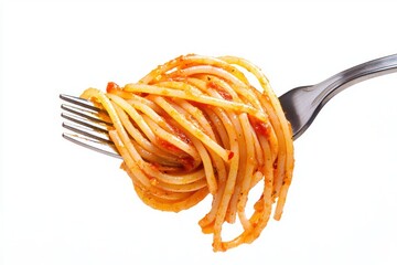 Fresh spaghetti with savory tomato sauce twirled on a fork against white backdrop macro shot angle view capturing food concept