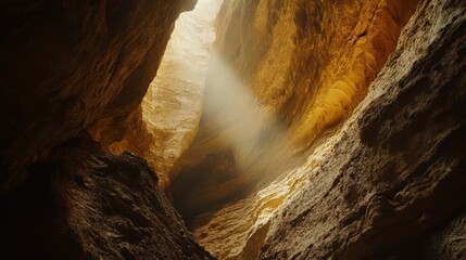 A breathtaking interior shot of a newly discovered hidden chamber within the Grand Canyon, where golden rock walls curve elegantly. A narrow slit allows a single ray of sunlight to illuminate the cham