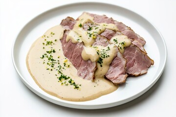 Succulent sliced pork roast served with creamy sauce and garnished with fresh herbs on modern plate