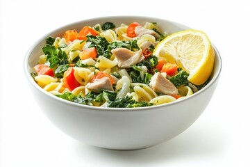 Healthy Pasta Salad with Chicken and Vegetables in White Bowl on White Background Still Life