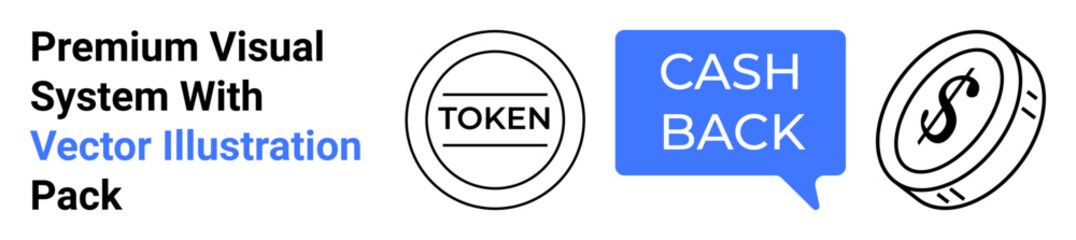 Token icon, cashback speech bubble, and coin with dollar sign. Ideal for economics, rewards, savings, finance apps, promotions e-commerce fintech services. Flat landing page banner