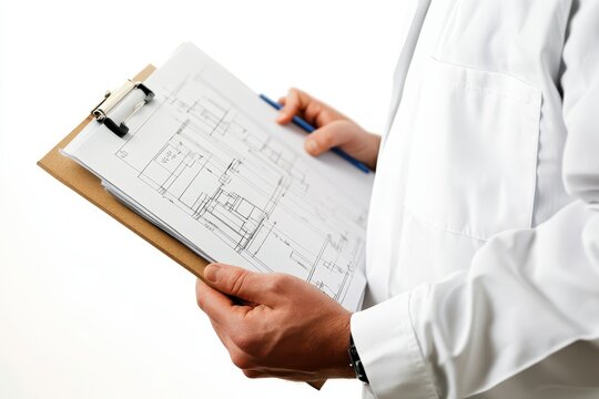 Medical Professional Holding Clipboard with Architectural Plans