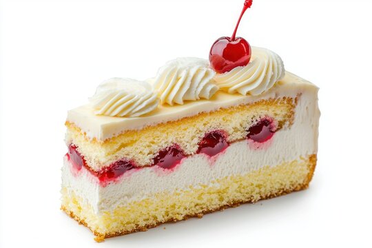 Delectable slice of cherry cake with creamy topping on pristine white background tempting dessert