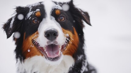 Fototapeta premium Australian Shepherd happy getting a bath with bubbles in a bright white setting during daytime grooming session