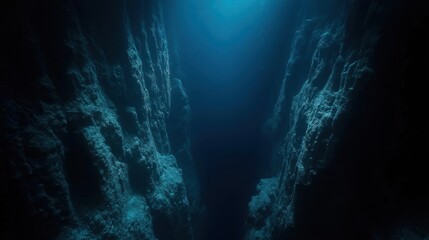 An underwater shot of Zhemchug Canyon, the deepest submarine canyon on Earth, where colossal rock walls disappear into the abyss. Strange deep-sea creatures glow faintly in the darkness. 
