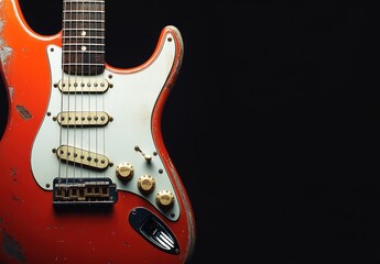 Red electric guitar, close-up, dark background, music concept
