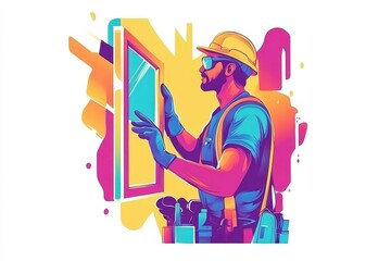 Fototapeta premium Colorful Worker Installing Window with Tools and Safety Gear