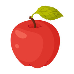 Red ripe apple with leaf, fresh garden fruit. Hand drawn food clipart. Whole fruit with green leaf, Flat style isolated on transparent background. Vector illustration