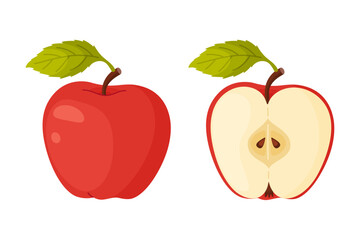 Red ripe apple. Whole and half fruit of fresh Red apple garden fruit. Hand drawn food clipart. Cartoon apple fruit Flat style isolated, transparent background Red Delicious Vector illustration
