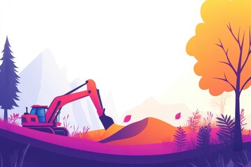 Vibrant Digital Excavator in a Colorful Abstract Landscape Scene