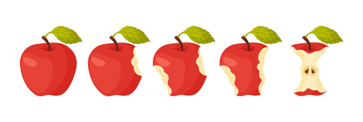 Red juicy apple eating steps icon set. Stages of biting ripe apple from whole to half and core, bite progression. Hand drawn flat style isolated. Bitten apple fresh garden fruit Vector illustration