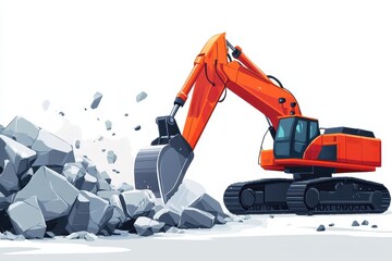 Naklejka premium Vibrant Excavator Digging Through Rock Pile in Construction Site