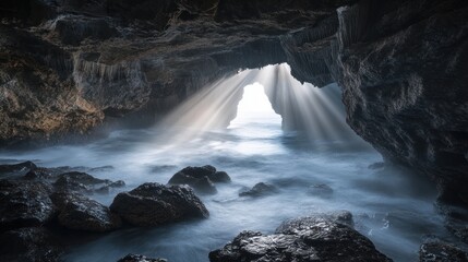 Fototapeta premium An ethereal shot of the Echo Valley Sound Caves, where waves create natural melodies as they crash into the hollow rock formations. Misty light beams filter through the openings. 