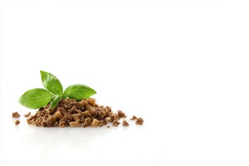 Heap of delicious cooked ground beef and potato blend garnished with aromatic basil leaves closeup