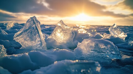 A surreal macro shot of methane ice towers rising from the frozen Antarctic sea, their translucent, jagged shapes glowing as sunlight refracts through them. The desolate, alien-like environment stretc