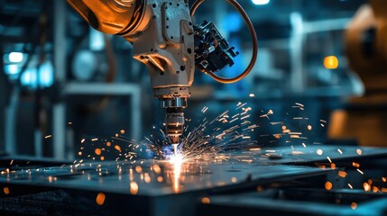 Advanced industrial robot precision welding process sparks metallic precision in a modern environment