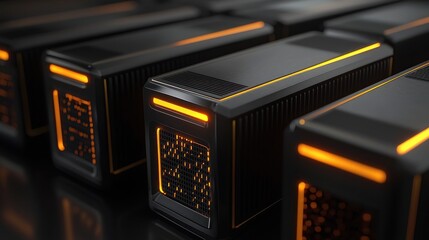 Futuristic Server Array with Orange Illumination Data Processing Center High Tech Equipment