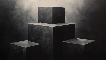 Dark grey cubes stacked, dramatic lighting.