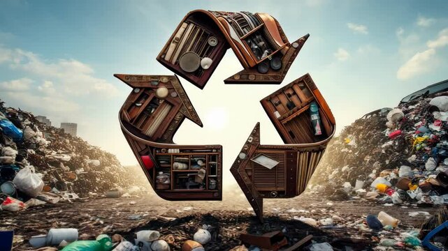 Recycling symbol made of wooden furniture in a landfill.

