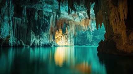 A low-light long-exposure shot of the Puerto Princesa Underground River, where smooth emerald waters reflect the towering limestone cave formations above. 
