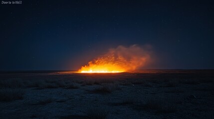 A dramatic nighttime long-exposure shot of the "Door to Hell" in Turkmenistan. The fiery crater glows intensely, illuminating the surrounding barren desert, with swirling heat waves distorting the air