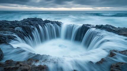 Fototapeta premium A dramatic long-exposure shot of Thor's Well, where powerful ocean waves crash into the natural sinkhole, creating a mesmerizing vortex effect. Water appears silky and endless against the rugged coast