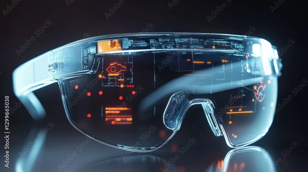 Poster close up of transparent augmented reality glasses showcasing holographic data and futuristic interfa