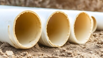 Close-up of Large White PVC Pipes in Soil