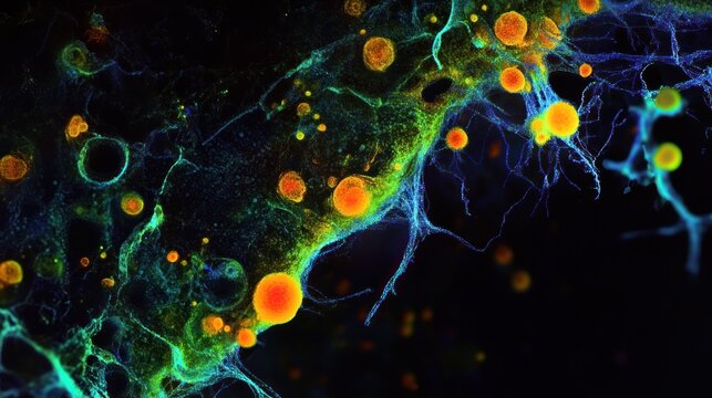 A close-up view of microbial life thriving in extreme conditions under the Antarctic ice sheet, captured under a microscope with striking fluorescence against a dark background. 