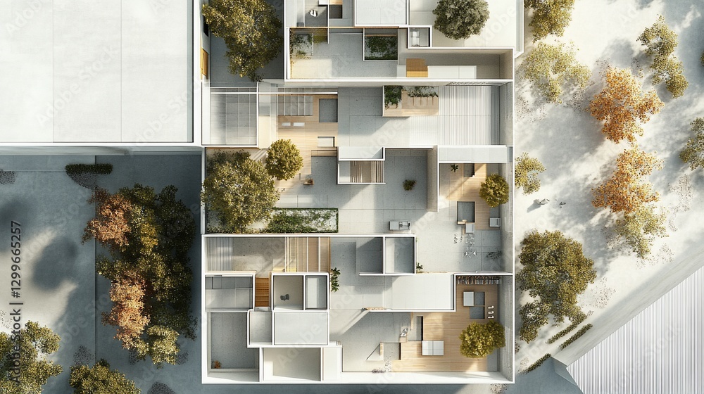 Aufkleber architectural rendering of a modern building with flat roofs and surrounding green areas viewed from
