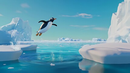 A playful penguin leaps joyfully above sparkling blue waters amidst icebergs under a vivid sky, capturing the cheerful essence of life in a polar environment