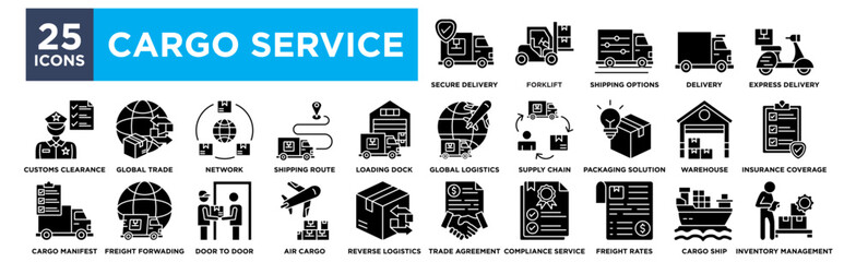 Cargo service icon set collection. Containing cargo ship,delivery,express delivery,warehouse,customs clearance icon. Simple flat vector illustration.