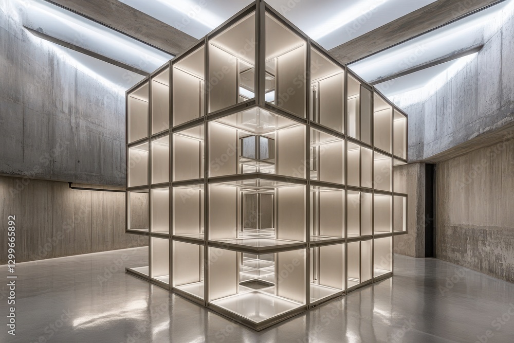 Poster modern art structure with illuminated geometric design in gallery