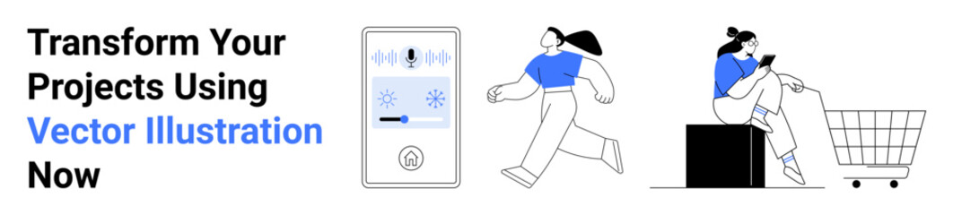 Smart home device interface, woman jogging energetically, person using a phone beside a shopping cart. Ideal for technology, lifestyle, fitness, shopping, e-commerce, modern living flat landing page