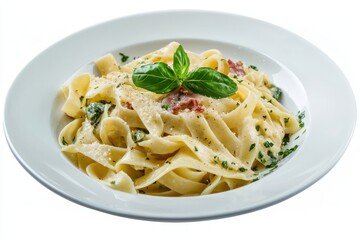Delicious pasta dish with creamy sauce cheese and fresh basil leaves on white background studio shot